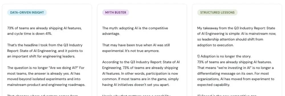 Three generated drafts side by side, badged data-driven insight, myth buster, and structured lessons